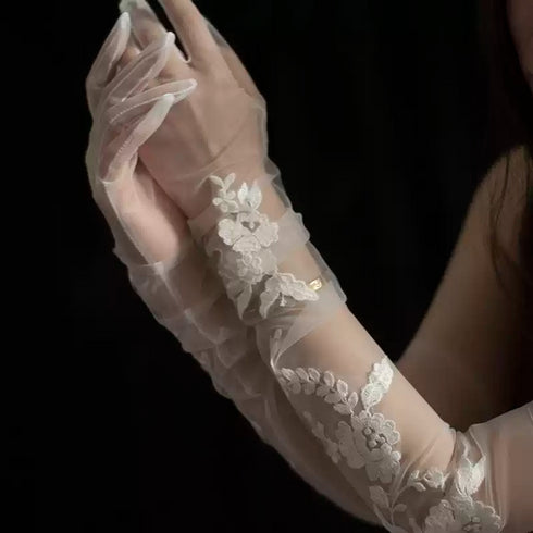 White Bridal Tulle Gloves – Floral Embroidered Long Wedding Gloves